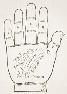 The Right Hand, Principal Lines, copy of an illustration from Chiromantia by Ioannes ab Indagine, 1531, used in a History of Magic, published late 19th century