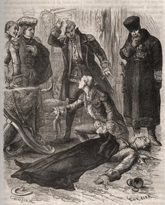 The Russian Emperor Peter III (1728-1762), assigned a residence, was assassinated by order of his wife Catherine II, who had just overthrown him and took power, by Alexei Orlov (1737-1808) and his guards on 17 July 1762. Engraving from 1871 in 