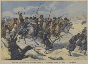 The Russo-Japanese War: Cossacks surprising a Japanese patrol in a raid north of Gensan, Korea by French School