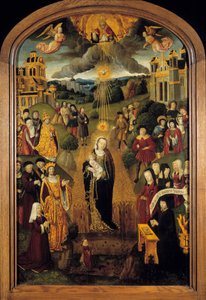The Virgin with Wheat King Louis XII (1462-1515) and Pope Alexander VI (1431-1503) are present. Almighty God holding the Globe blessed the scene while the Holy Spirit protected the Virgin and the Child