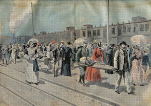 The arrival of a train of the sick at the station of Lourdes, where the stretchers transport them directly to the miraculous cave and the Ladies of the Association Notre-Dame de Salvation and the Little Sisters of the Assumption watch with devotion on them