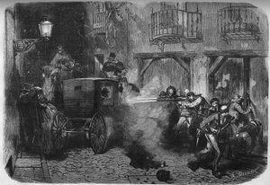 The assassination of Juan Prim y Prats, Spanish general and politician, at his exit from the Cortes, in the street del Turco in Madrid on 28 December 1870. Engraving in Le Monde Illustré n°724 of 25 February 1871. by French School