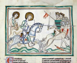 The battle with the dragon has seven heads: knights fight a dragon with several heads, with spears, embodying the seven kings (from The Apocalypse of Cambrai) by French School