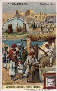 The city and armourers of the city of Herat in Afghanistan and the tomb of the Shah Rukh. Chromolithography of the 19th century