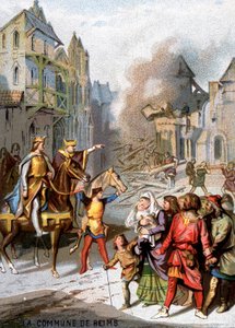 The commune of Reims (1160) - Reprisals of Louis VII to destroy the communal freedoms of the bourgeois of Reims. Chromolithography of the Series Patriotic Education through Image by French School