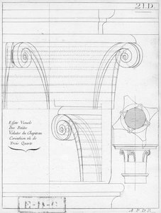 The corinthian capital, illustration from a book on geometry, 18th or 19th century, published Avec Privilege du Roy et E.. du Gouvernement by French School