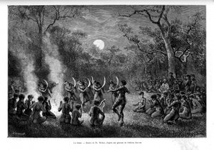 The dance of boomerang around fire among the Aboriginal people of Australia - in "Tour du Monde" by French School