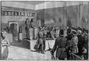 The unwrapping of the Mummy of Sesostris (Ramses II) at the Musee de Boulaq (Cairo, Egypt) by Gaston Maspero in the presence of the khedive Tewfik. Engraving in 