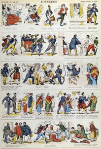 The different stages of a 19th century fire. Picture of Epinal from the 19th century by French School