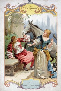 The donkey and the little dog (Fable de La Fontaine) - Bon Marché advertising sticker