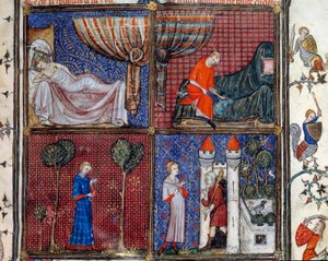 The Sleeping Lover, dressing, sewing his shirt and In front of the House of Pleasure. Miniature in 