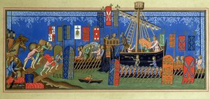 The embarkation of the Knights of the Holy Spirit for the crusades, after a miniature in the Statuts de lordre du Saint-Esprit de Naples manuscript in the Louvre, engraved by Felix Regamey (1844-1907)