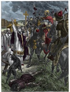Saint Loup of Troyes Stops Attila King of the Huns Before Troyes - Barbarian Invasions - Engraving after the painting of H. Grobert by French School