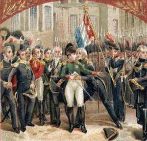 The farewell of Napoleon Bonaparte to the imperial guard in the courtyard of Cheval Blanc at the castle of Fontainebleau on 20/04/1814. Chromolithography of the late 19th century by French School