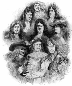 The interpreters of Moliere at the Comedie Francaise in 1862-1863. From bottom to top: Provost (Arnolphe), Joseph Samson (Sganarelle), Geffroy (Clitandre), Bressant (Don Juan), Edmond Got (Trissolin), Louis Delaunay (Hor