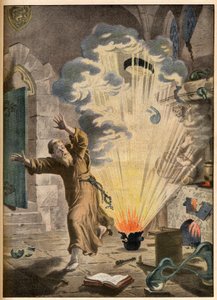 The invention of gunpowder by German monk and alchemist Berthold Schwartz (ca. 1318-1384) - Illustrious inventions. The powder. Illustration for Le petit Journal, 27 January 1901