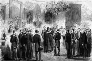 King Oscar II of Sweden received explorers Nils Adolf Erik Nordenskjold and Lieutenant Palander at the Royal Palace in Stockholm by French School