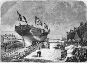 The launch of the liner Quirinal at La Seyne in 1857 (Compagnie des Messageries Maritimes). Engraving from 1857 by French School