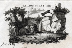The lion and the deer. Fable of Aesop. Written by Guillaume Montfort and engraved by Beauble in 1801. by French School