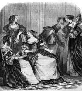 The literary salon of the Marquise de Rambouillet inspired Moliere to write “Les precieuses ridicules”. Around the Marquise (nee Catherine de Vivonne) by French School