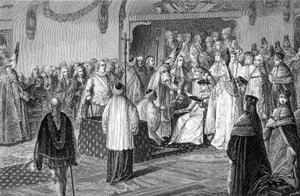 The oath of Louis XVI during his sacred engraving by French School