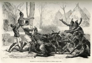 The pearls of the bride. The fiancée, carried on the shoulders of a woman of her clan, is brought among the crowd who organizes the charivari and throws small beads, fragments of tobacco leaf, pledge of happiness, in the region of Lake Kassali. Drawing by  by French School