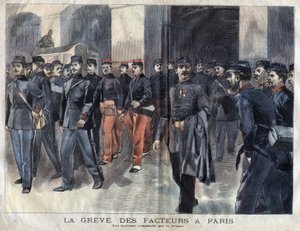 The postmen strike: soldiers and municipal guards charged with the distribution of letters in Paris. Engraving of 1899 in La petite Gironde