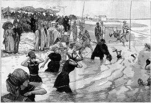 The sea baths at the time of the tide on a beach in Normandy, France, In "Le Monde Illustré"