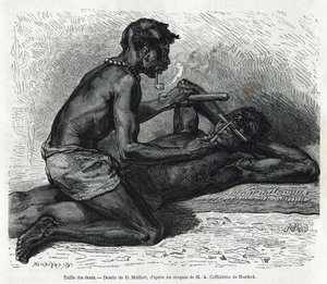 The size of the teeth in the Okanda. Drawing by D. Maillard, to illustrate the story of a trip to Gabon and the Ogooué River in 1875-1877, by Alfred Marche. Engraving in Le tour du monde by French School