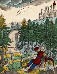 The story of the four sons Aymon; Bayard, hearing the noise of the soldiers that Ripas had with him to hang Richard, awakens Regnault by striking on his shield by French School