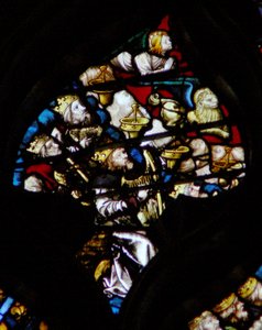 The west rose window depicting a scene from the Book of Revelation: Twenty four elders together with the angel of St Matthew and the lion of St Mark by French School