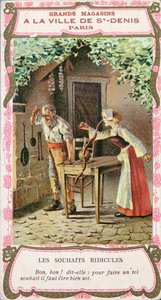 The wife with the sausage nose, illustration of the Perrault fairy tale The Three Wishes (Les Trois Souhaits), late 19th century by French School
