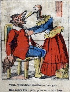 The wolf and the stork. Fables by Jean de La Fontaine. Epinal imaging from the end of the 19th century