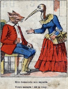 The Wolf and the Stork. Fables by Jean de La Fontaine (1621-95). Epinal Imaging from the End of the 19th Century