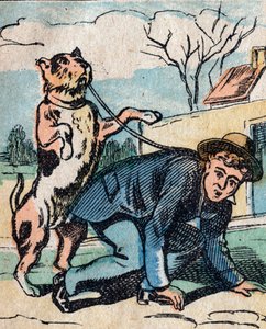 The world upside down, an imaginary land: a dog walking his master with a leash - Epinal picture