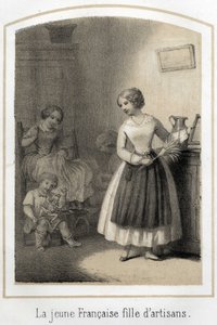 The young French woman of modest social origin works as a domestic servant in a wealthy family. She looks at busy kids at their games with envy. Anonymous engraving of the 19th century