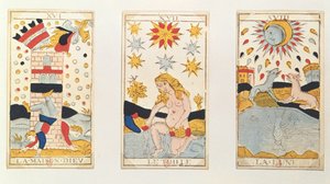 Three tarot cards depicting The Tower, The Star and The Moon