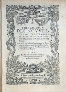 Title page of the Heptameron: tales or news by Margarita of Navarre (Marguerite of Valois, Marguerite of Angouleme or Marguerite of France) Queen of Navarre and Poetess