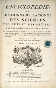 Title page of the first volume of the Encyclopedia by Denis Diderot and Jean le Rond d