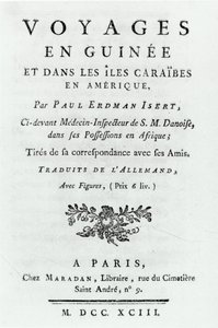 Title page for Voyages en Guinee et dans les Iles Caraibes en Amerique by Paul Erdman Isert, published 1743
