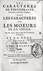 Titlepage of Theophrastuss Les Characteres ou les Moeurs translated by Jean de la Bruyere by French School