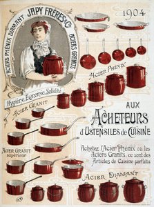 To buyers of kitchen utensils. Buy Phenix Steel or Granite Steel, these are perfect kitchen items - Advertising label by French School