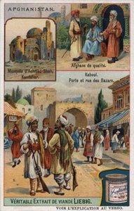 Top: Achmed Shah Mosque in Kandahar and portraits of rich Afghans. Bottom: Kabul bazaar in Afghanistan