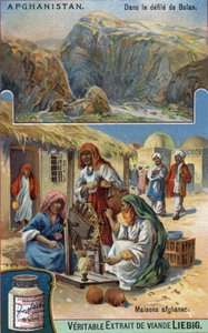 Top: Bolan parade in Afghanistan. Bottom: Afghan women weaving wool in front of their homes (Chromolithography of the 19th century)