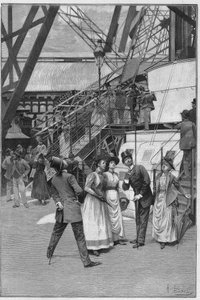 Tourists near the elevator of the first platform of the Eiffel Tower in Paris by French School