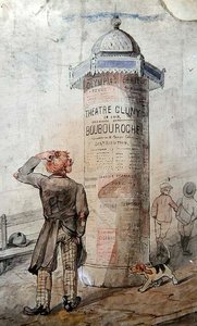 Tramp looking at a poster advertising Courteline