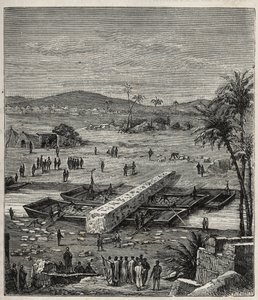 Transport of the obelisk of Ptolemee Philadelph (Ptolemaios Philadelphos) (Ptolemee II) on the Nile to Alexandria - Engraving in Sciences available to all - Popular physics and chemistry by Alexis Clerc - End 19th century - Private collection. by French School