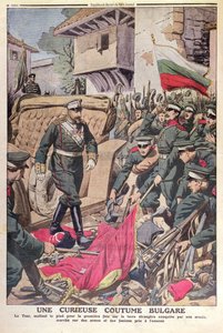 Tsar Ferdinand I (1861-1948) of Bulgaria walking over captured flags during the Balkan War of 1912, November 1912
