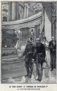 Tsar Nicholas II of Russia and Tsarina Alexandra Fiodorovna Romanova in front of the tomb of Napoleon I Bonaparte at the Hotel des Invalides in Paris, in "Le Petit Parisien"