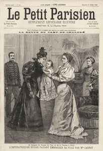 Tsarina Alexandra of Russia inviting the widow of French President Sadi Carnot to kiss her daughter, Grand Duchess Olga, during the Russian Imperial Family
